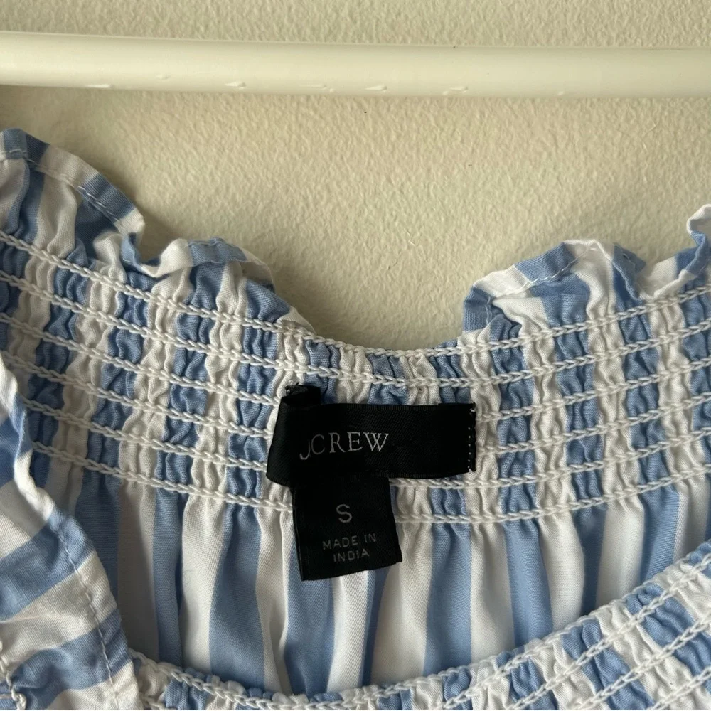 J. Crew 100% cotton Smocked puff-sleeve poplin dress in stripe blue white S